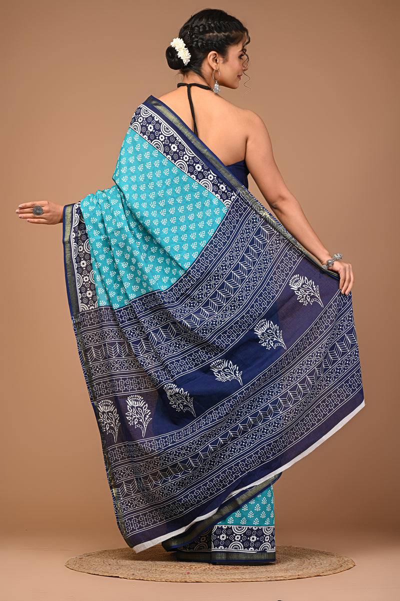 Lovwear Aqua Blue Discharge Floral Cotton MulMul Saree with Zari Border - Pleats & Full Length View