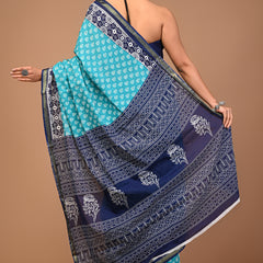 Lovwear Aqua Blue Discharge Floral Cotton MulMul Saree with Zari Border - Pleats & Full Length View