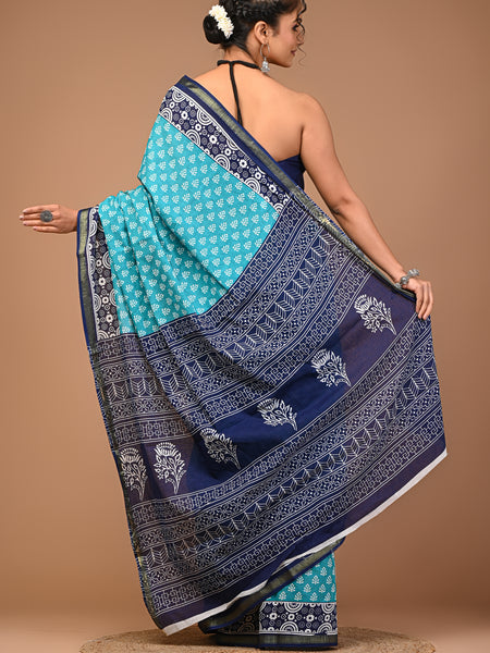 Lovwear Aqua Blue Discharge Floral Cotton MulMul Saree with Zari Border - Pleats & Full Length View