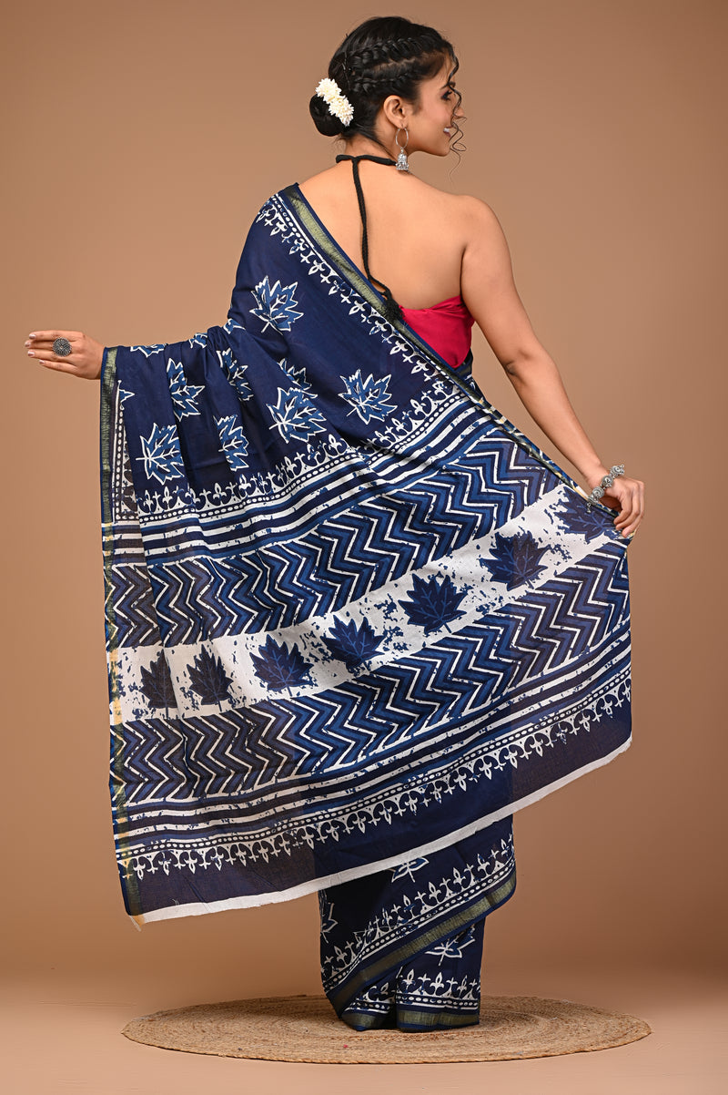 Lovwear Blue Kantha Stitch Cotton MulMul Saree with Zari Border - Front View