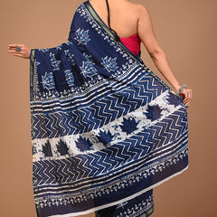 Lovwear Blue Kantha Stitch Cotton MulMul Saree with Zari Border - Front View