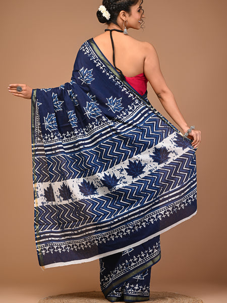 Lovwear Blue Kantha Stitch Cotton MulMul Saree with Zari Border - Front View