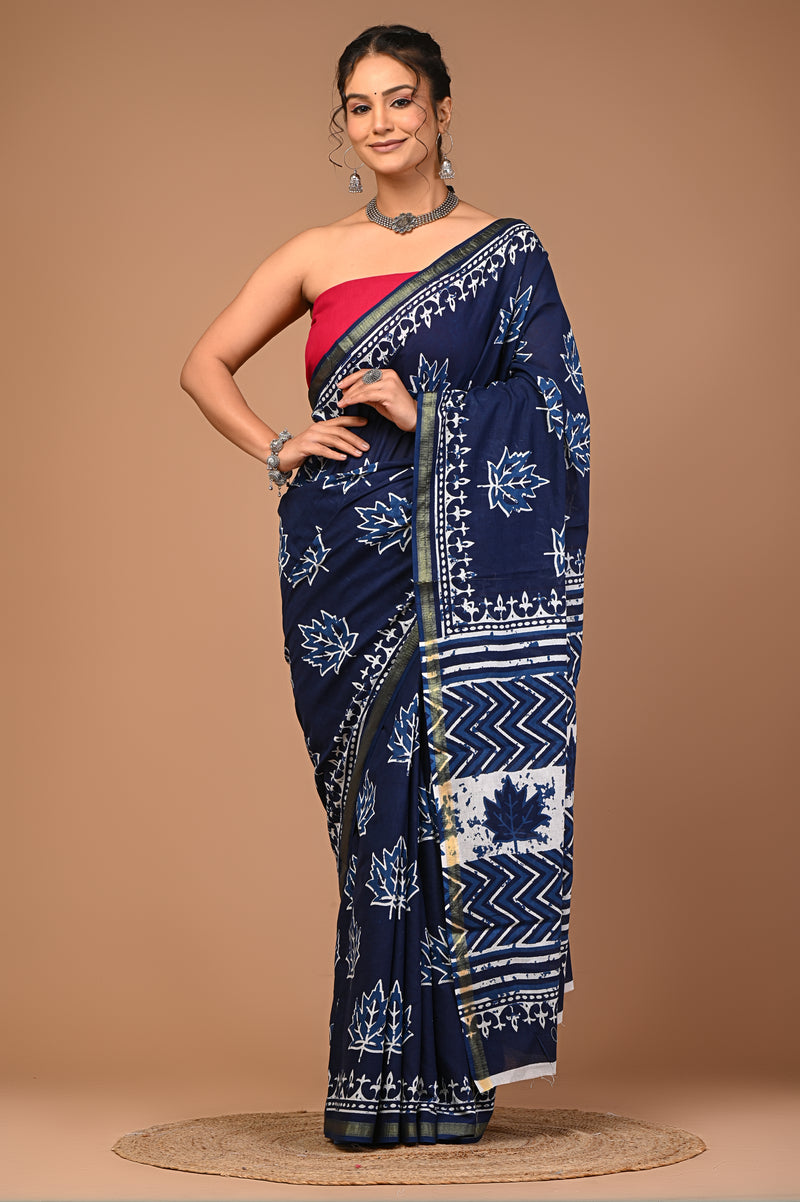 Lovwear Blue Kantha Stitch Cotton MulMul Saree with Zari Border - Pallu & Border Detail View
