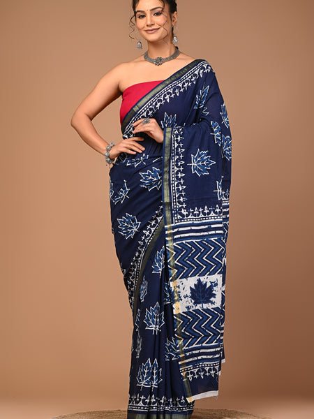 Lovwear Blue Kantha Stitch Cotton MulMul Saree with Zari Border - Pallu & Border Detail View