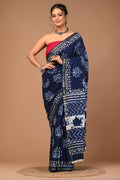 Lovwear Blue Kantha Stitch Cotton MulMul Saree with Zari Border
