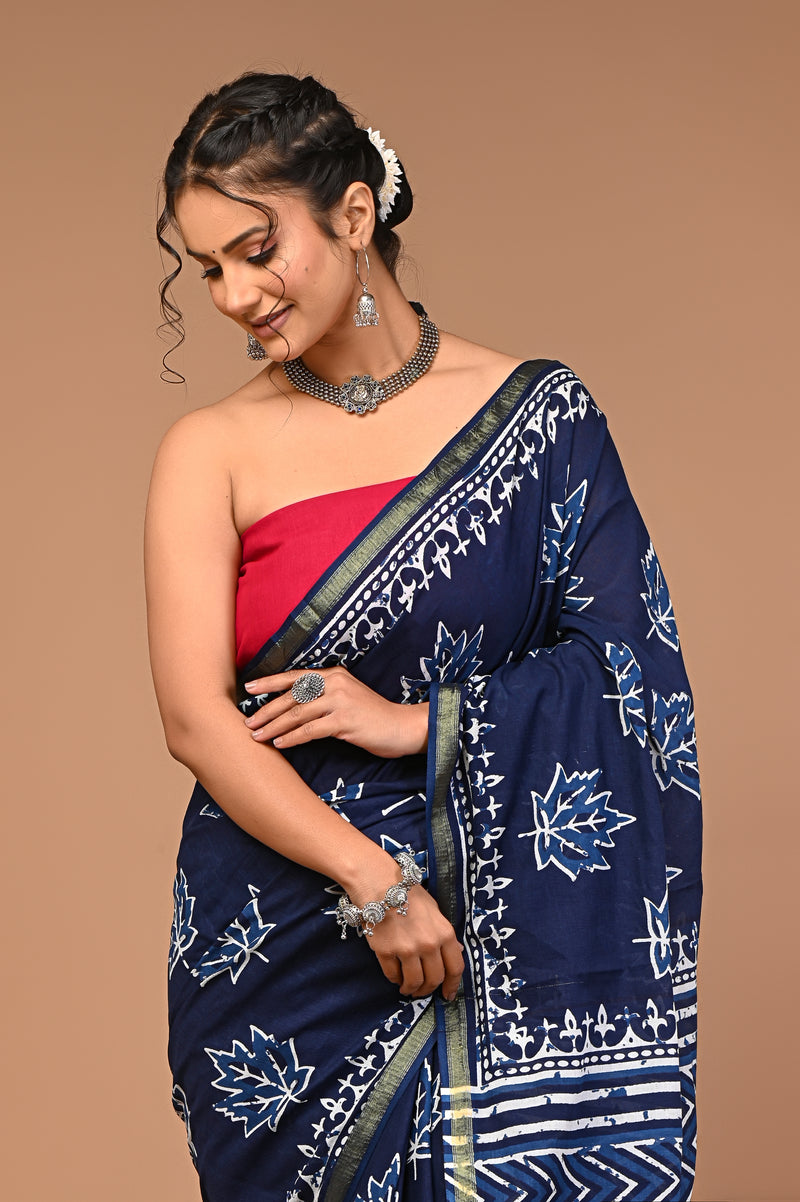 Lovwear Blue Kantha Stitch Cotton MulMul Saree with Zari Border - Fabric Texture View