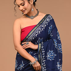 Lovwear Blue Kantha Stitch Cotton MulMul Saree with Zari Border - Fabric Texture View