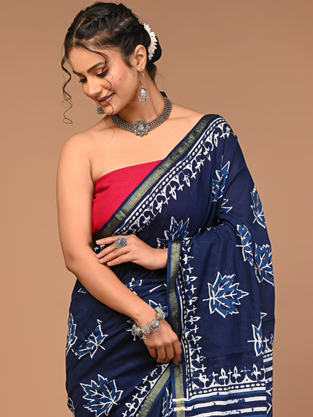 Lovwear Blue Kantha Stitch Cotton MulMul Saree with Zari Border - Fabric Texture View