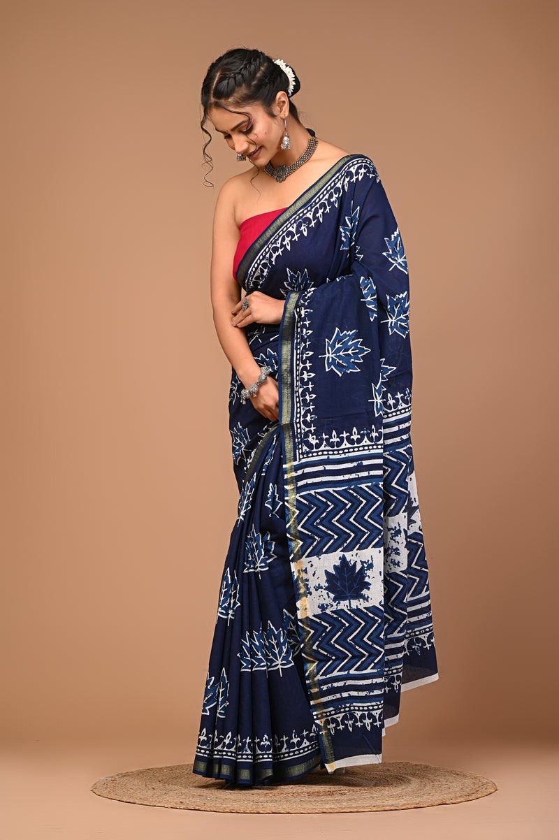 Lovwear Blue Kantha Stitch Cotton MulMul Saree with Zari Border - Pleats & Full Length View