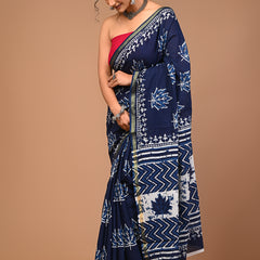 Lovwear Blue Kantha Stitch Cotton MulMul Saree with Zari Border - Pleats & Full Length View
