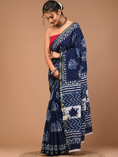 Lovwear Blue Kantha Stitch Cotton MulMul Saree with Zari Border - Pleats & Full Length View