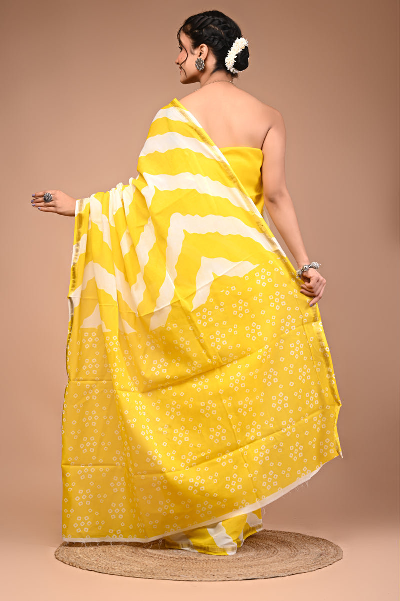 Lovwear Yellow Leheriya Wave Cotton MulMul Saree with Zari Border - Front View