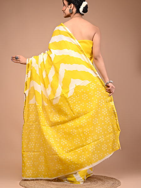 Lovwear Yellow Leheriya Wave Cotton MulMul Saree with Zari Border - Front View