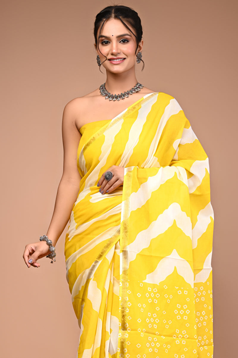 Lovwear Yellow Leheriya Wave Cotton MulMul Saree with Zari Border - Pallu & Border Detail View