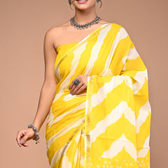 Lovwear Yellow Leheriya Wave Cotton MulMul Saree with Zari Border - Pallu & Border Detail View