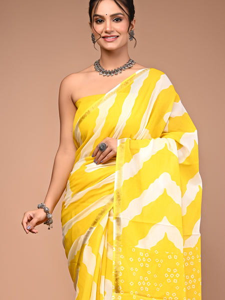 Lovwear Yellow Leheriya Wave Cotton MulMul Saree with Zari Border - Pallu & Border Detail View