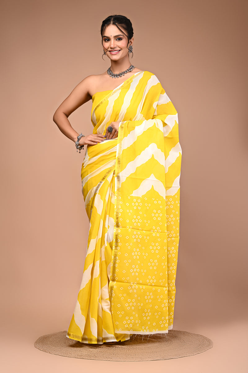 Lovwear Yellow Leheriya Wave Cotton MulMul Saree with Zari Border - Fabric Texture View