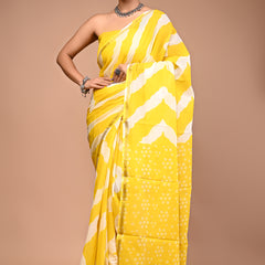 Lovwear Yellow Leheriya Wave Cotton MulMul Saree with Zari Border - Fabric Texture View