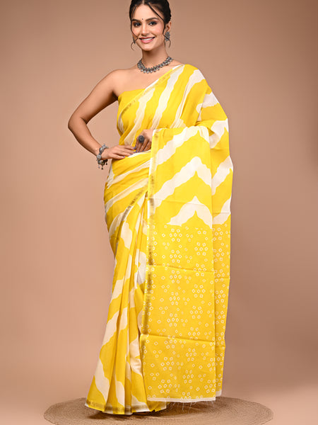 Lovwear Yellow Leheriya Wave Cotton MulMul Saree with Zari Border - Fabric Texture View