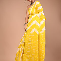 Lovwear Yellow Leheriya Wave Cotton MulMul Saree with Zari Border - Pleats & Full Length View