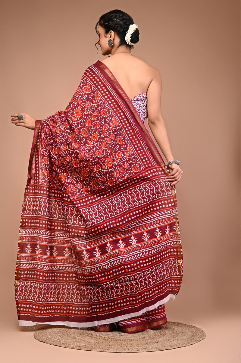 Lovwear Maroon Multi Ethnic Pattern Cotton MulMul Saree with Zari Border - Front View
