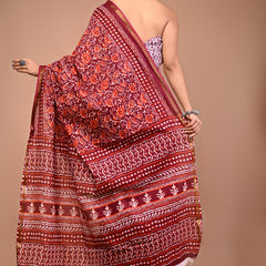 Lovwear Maroon Multi Ethnic Pattern Cotton MulMul Saree with Zari Border - Front View