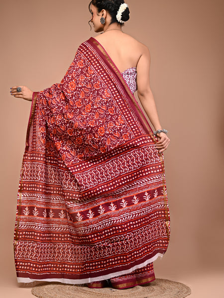 Lovwear Maroon Multi Ethnic Pattern Cotton MulMul Saree with Zari Border - Front View