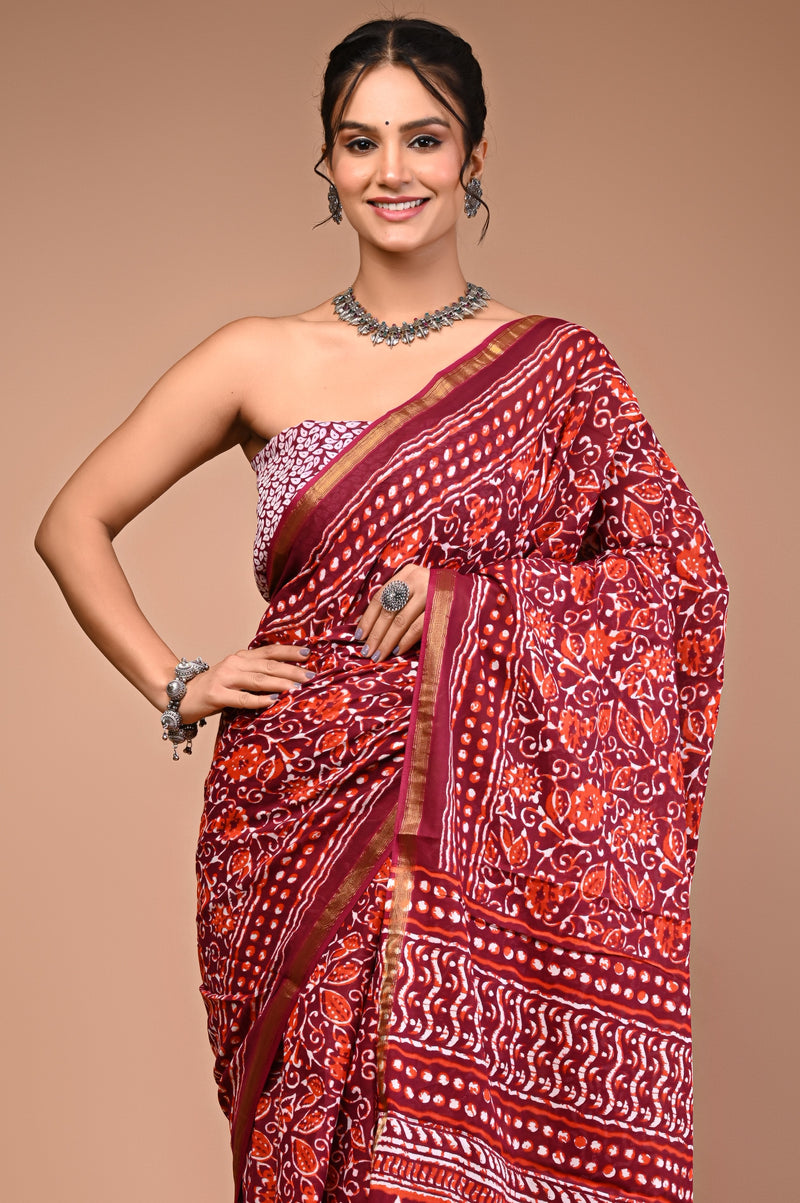 Lovwear Maroon Multi Ethnic Pattern Cotton MulMul Saree with Zari Border - Pallu & Border Detail View