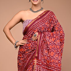 Lovwear Maroon Multi Ethnic Pattern Cotton MulMul Saree with Zari Border - Pallu & Border Detail View