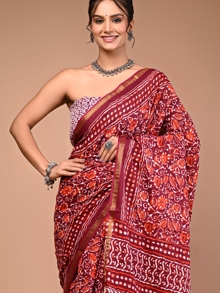 Lovwear Maroon Multi Ethnic Pattern Cotton MulMul Saree with Zari Border - Pallu & Border Detail View