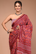 Lovwear Maroon Multi Ethnic Pattern Cotton MulMul Saree with Zari Border