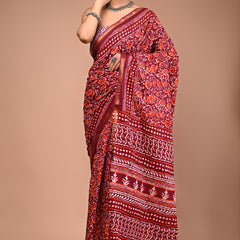 Lovwear Maroon Multi Ethnic Pattern Cotton MulMul Saree with Zari Border - Fabric Texture View