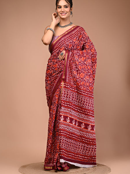 Lovwear Maroon Multi Ethnic Pattern Cotton MulMul Saree with Zari Border - Fabric Texture View