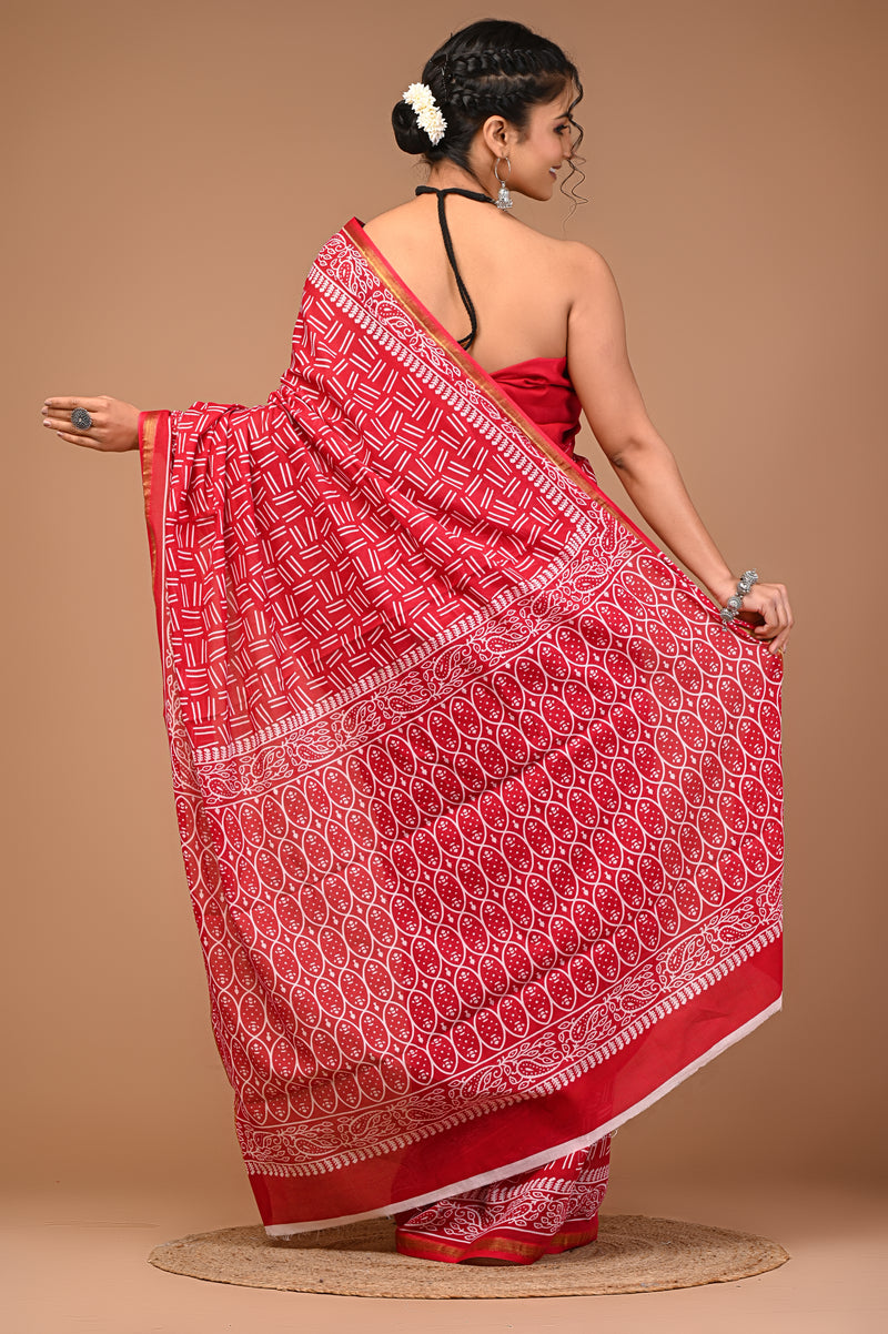 Lovwear Red Akdam Bakdam Cotton MulMul Saree with Zari Border - Front View