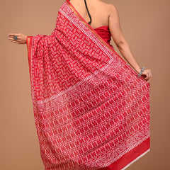 Lovwear Red Akdam Bakdam Cotton MulMul Saree with Zari Border - Front View