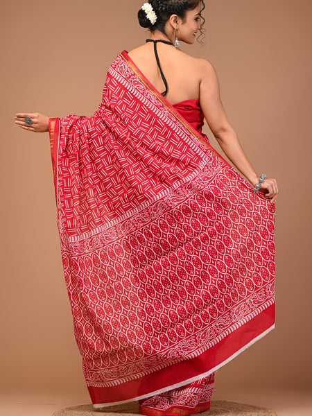 Lovwear Red Akdam Bakdam Cotton MulMul Saree with Zari Border - Front View