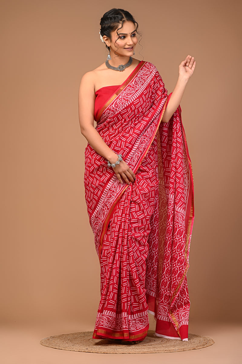 Lovwear Red Akdam Bakdam Cotton MulMul Saree with Zari Border - Fabric Texture View