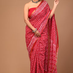 Lovwear Red Akdam Bakdam Cotton MulMul Saree with Zari Border - Fabric Texture View