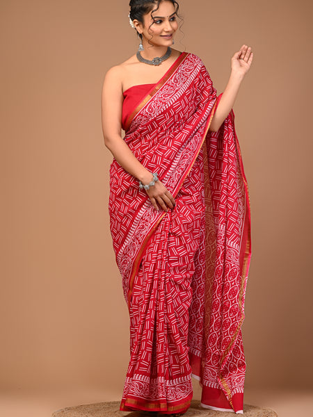 Lovwear Red Akdam Bakdam Cotton MulMul Saree with Zari Border - Fabric Texture View