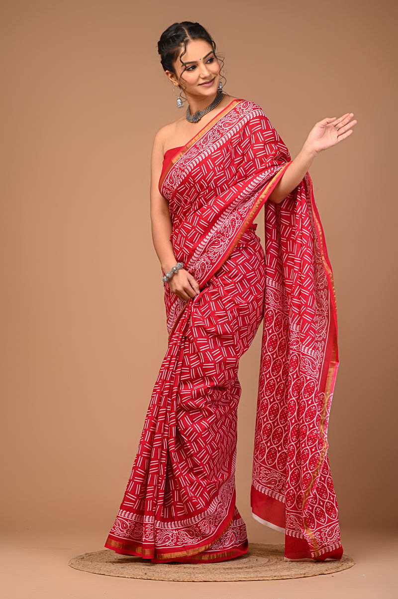 Lovwear Red Akdam Bakdam Cotton MulMul Saree with Zari Border - Pleats & Full Length View