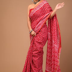 Lovwear Red Akdam Bakdam Cotton MulMul Saree with Zari Border - Pleats & Full Length View