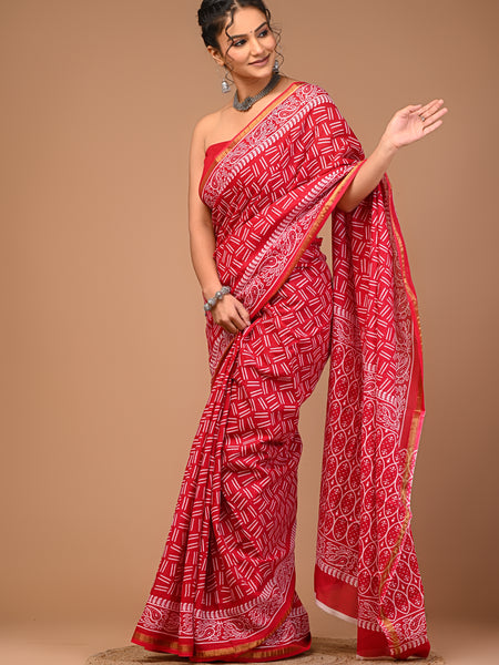 Lovwear Red Akdam Bakdam Cotton MulMul Saree with Zari Border - Pleats & Full Length View