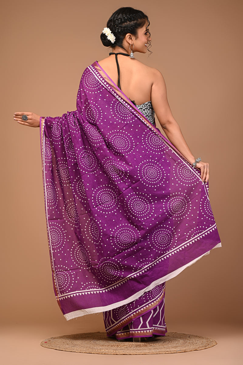 Lovwear Purple Dot Pattern Cotton MulMul Saree with Zari Border - Front View