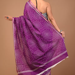 Lovwear Purple Dot Pattern Cotton MulMul Saree with Zari Border - Front View