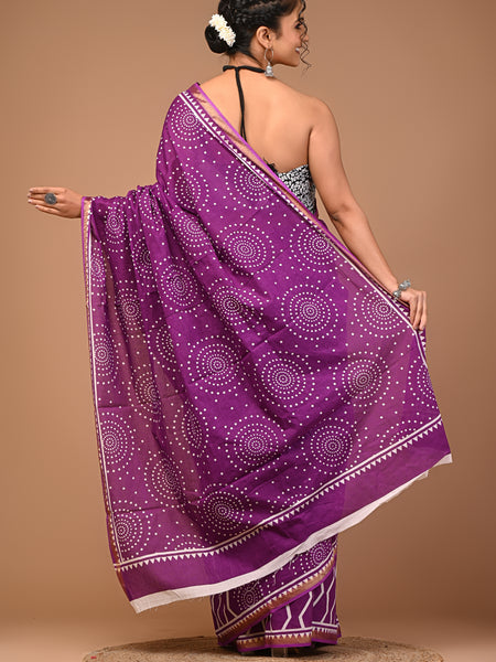 Lovwear Purple Dot Pattern Cotton MulMul Saree with Zari Border - Front View