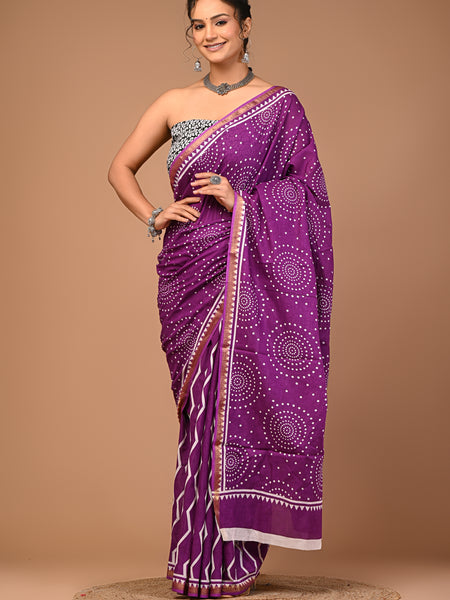 Lovwear Purple Dot Pattern Cotton MulMul Saree with Zari Border - Pallu & Border Detail View