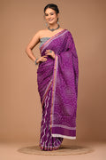 Lovwear Purple Dot Pattern Cotton MulMul Saree with Zari Border