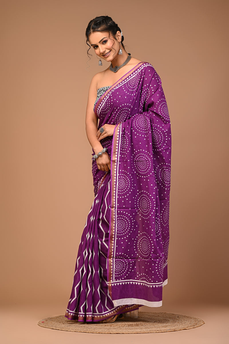 Lovwear Purple Dot Pattern Cotton MulMul Saree with Zari Border - Pleats & Full Length View
