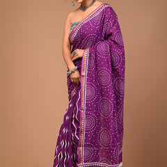 Lovwear Purple Dot Pattern Cotton MulMul Saree with Zari Border - Pleats & Full Length View