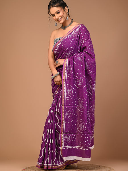 Lovwear Purple Dot Pattern Cotton MulMul Saree with Zari Border - Pleats & Full Length View